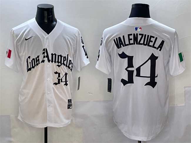 Men%27s Los Angeles Dodgers #34 Fernando Valenzuela White Mexico 2025 LA Gothic Style With Fernando Patch Vapor Premier Limited Stitched Jersey